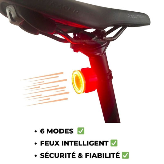 Feu arrière de vélo intelligent offrant une visibilité optimale, une autonomie prolongée et une technologie avancée pour une sécurité maximale sur la route.