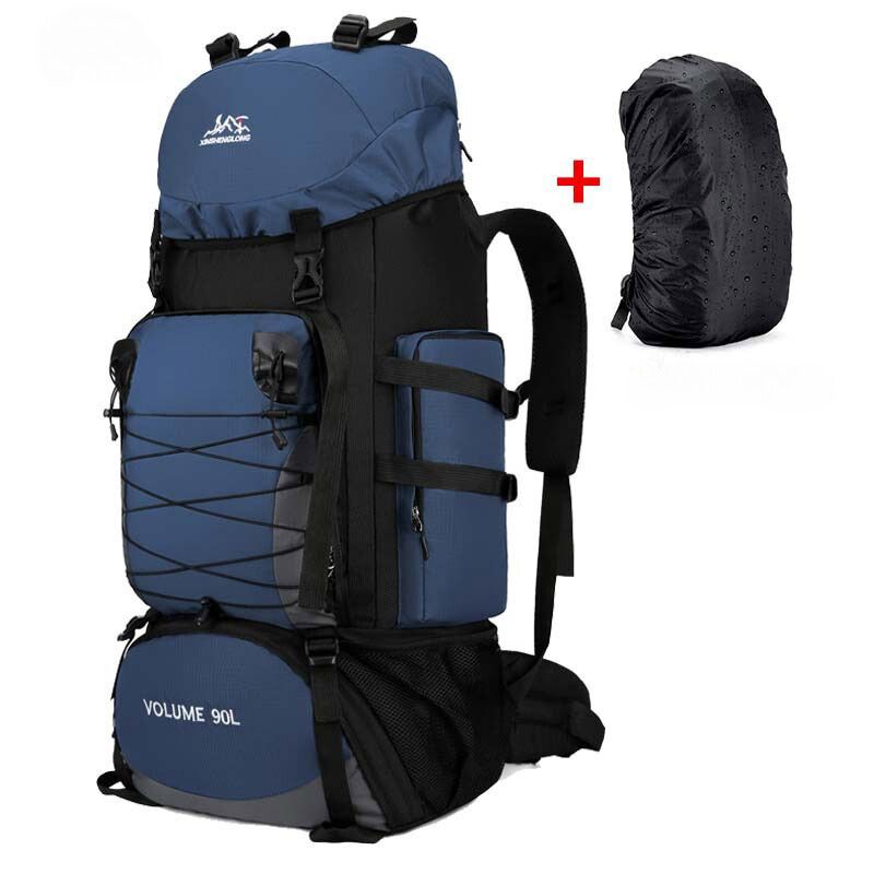 Grand sac à dos de randonnée 90L avec bâche de protection, idéal pour le camping, trekking et voyages longue durée, adapté pour hommes et femmes Couleur Bleu