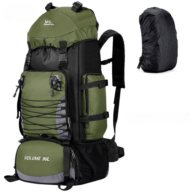 Grand sac à dos de randonnée 90L avec bâche de protection, idéal pour le camping, trekking et voyages longue durée, adapté pour hommes et femmes Couleur vert