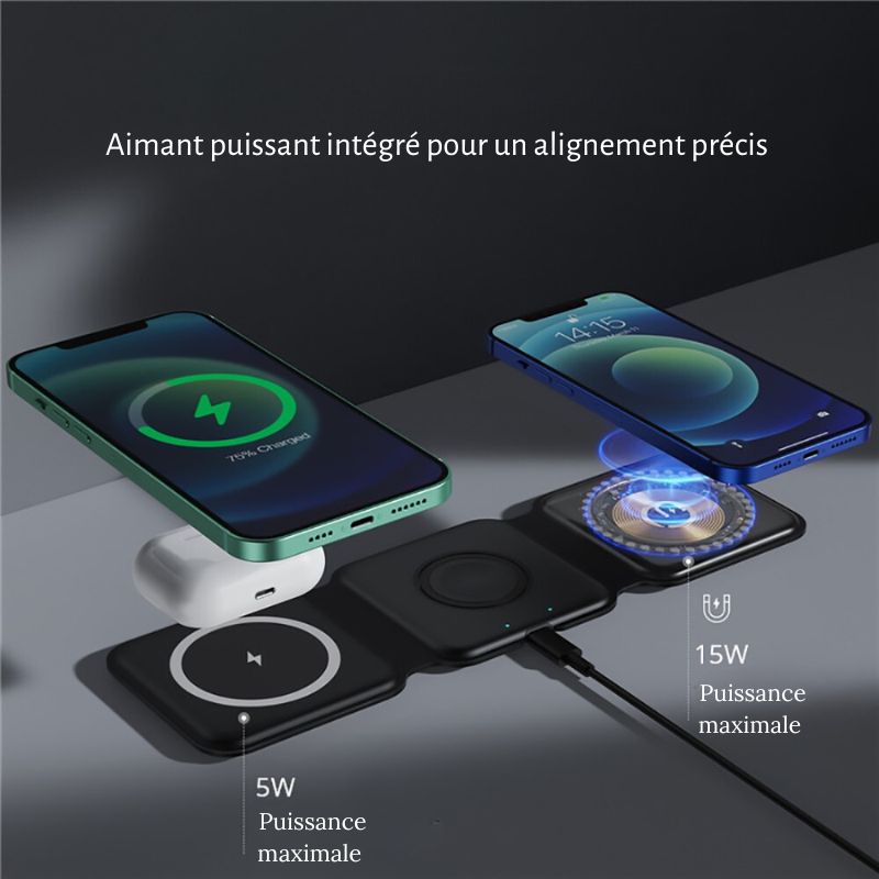 Chargeur sans fil 3 en 1, pliable et portable, pour une expérience de chargement simplifiée pour iPhone, Apple Watch et AirPods collection Gadgets & Techno de la boutique Petites Aventures
