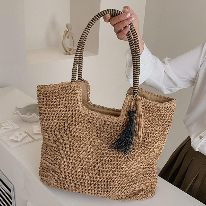 Sac de plage tiss en paille pour femme Petites Aventures