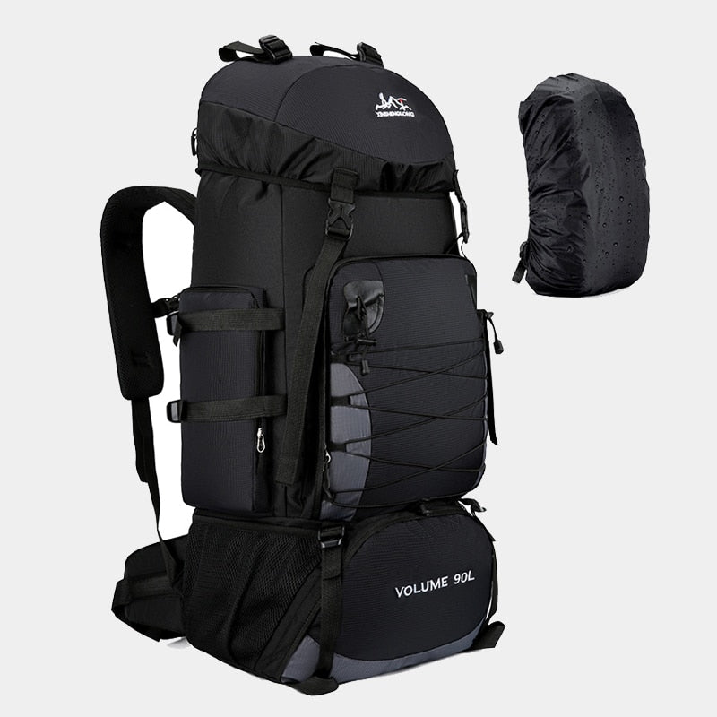 Grand sac à dos de randonnée 90L avec bâche de protection, idéal pour le camping, trekking et voyages longue durée, adapté pour hommes et femmesGrand sac à dos de randonnée 90L avec bâche de protection, idéal pour le camping, trekking et voyages longue durée, adapté pour hommes et femmes Couleur Noir