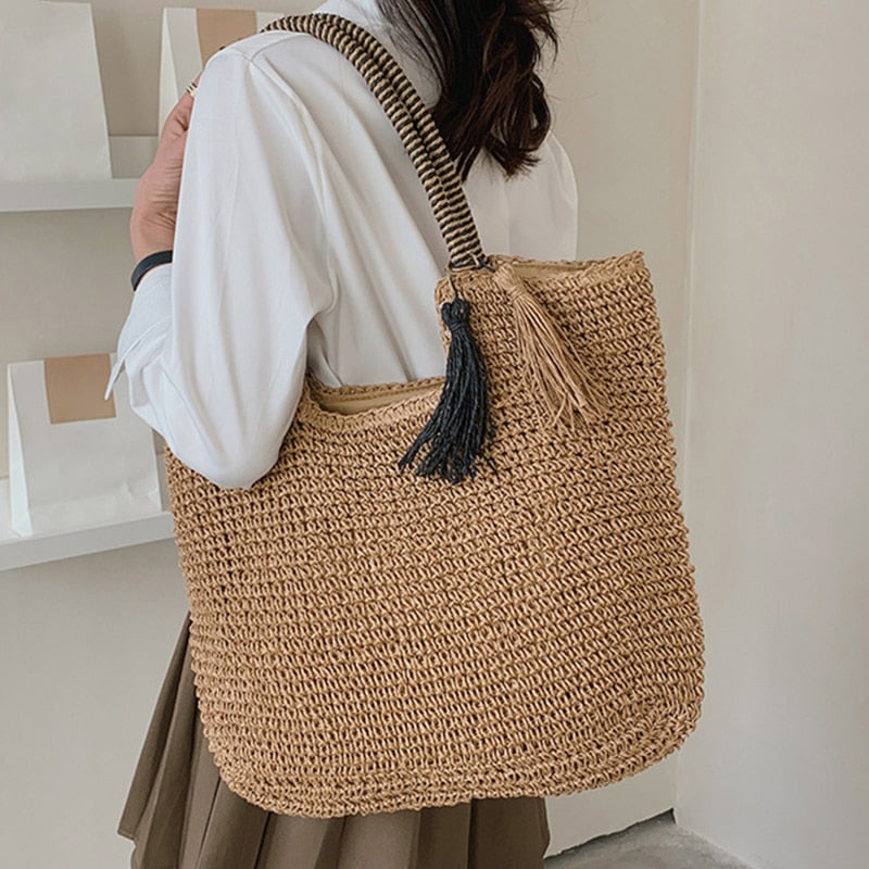 Sac de plage tiss en paille pour femme Petites Aventures